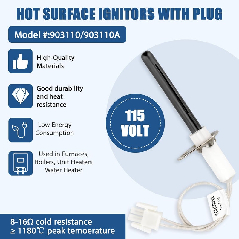 Fetechmate Durable 903110A Furnace Hot Surface lgnitors With Plug Fit for Nor-dyne Furnace, 903110 Round Silicon Nitride Hot Surface Igniter Kit Replacement Repalces 632504, 632313, FC047 By - Image 4